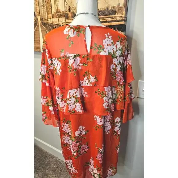 Who What Wear Red Cascading Floral Tiered Dress with Sheer Top Size M #H85 - Picture 3 of 8